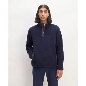 Everlane ReNew Fleece Pullover Mens Medium Navy Blue Excellent Snap Neck‎ Sherpa